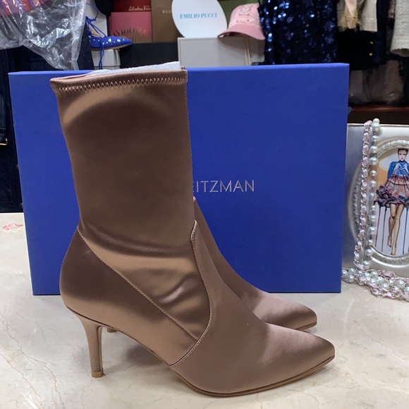 STUART WEITZMAN SATIN STRETCHY BOOTS IN OLD ROSE MADE IN SPAIN - Picture 5 of 11